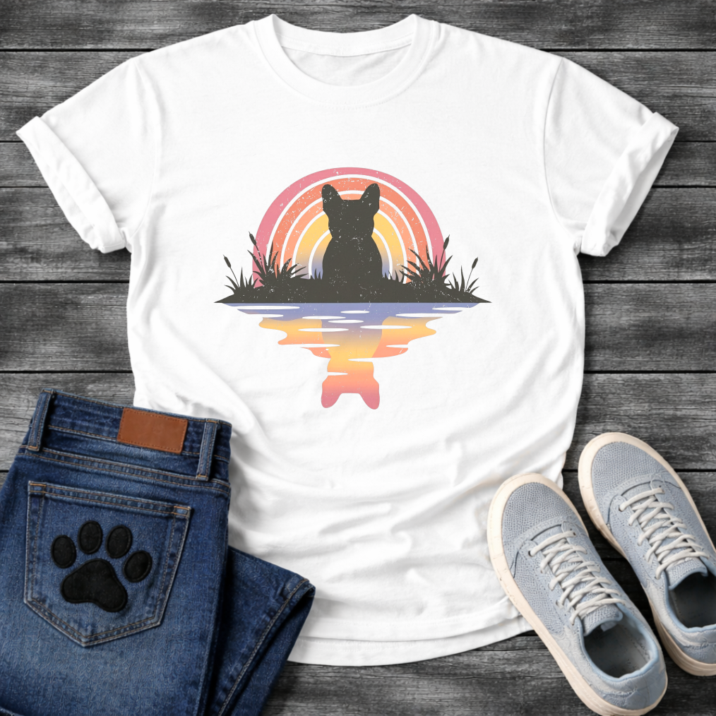 Frenchie rainbow reflection silhouette marsh retro t-shirt sage pink orange pet lover apparel