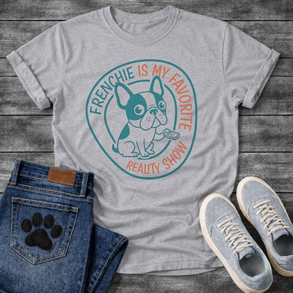 French Bulldog t-shirt with circular badge design, cartoon Frenchie holding a TV remote, teal and coral circular text reading Frenchie Is My Favorite Reality Show, two-color retro emblem on warm sand tee