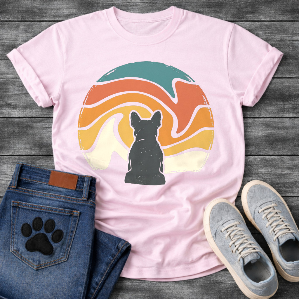 French Bulldog t-shirt with Frenchie silhouette seen from behind centered in a large retro wavy swirl circle, flowing bands of teal terracotta orange gold and cream with distressed vintage texture, no text, painterly boho graphic