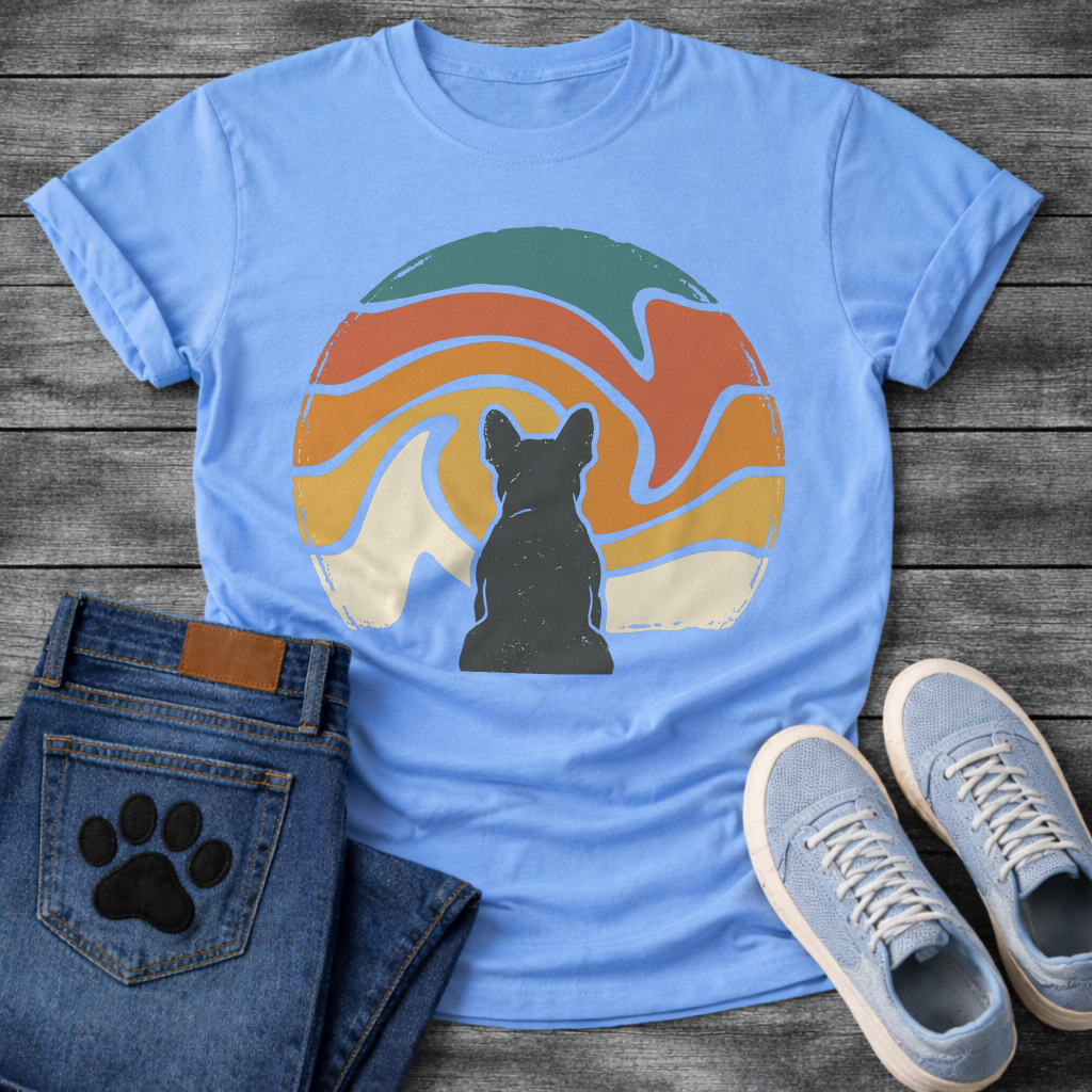 French Bulldog t-shirt with Frenchie silhouette seen from behind centered in a large retro wavy swirl circle, flowing bands of teal terracotta orange gold and cream with distressed vintage texture, no text, painterly boho graphic
