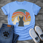French Bulldog t-shirt with Frenchie silhouette seen from behind centered in a large retro wavy swirl circle, flowing bands of teal terracotta orange gold and cream with distressed vintage texture, no text, painterly boho graphic