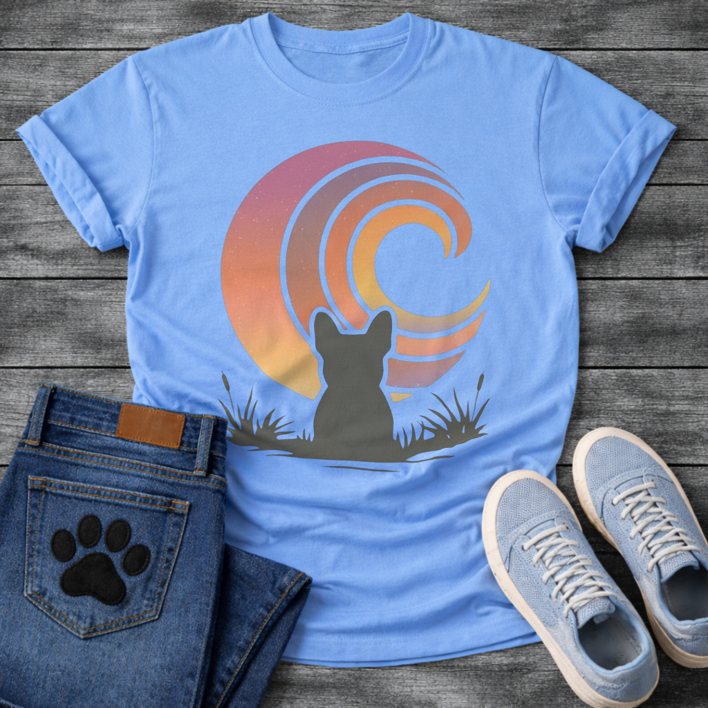 French Bulldog t-shirt with Frenchie silhouette seen from behind sitting in grass and reeds, facing a large swirling spiral sunset in pink orange purple and yellow gradient tones, painterly vintage illustration graphic