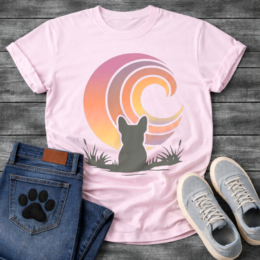 French Bulldog t-shirt with Frenchie silhouette seen from behind sitting in grass and reeds, facing a large swirling spiral sunset in pink orange purple and yellow gradient tones, painterly vintage illustration graphic