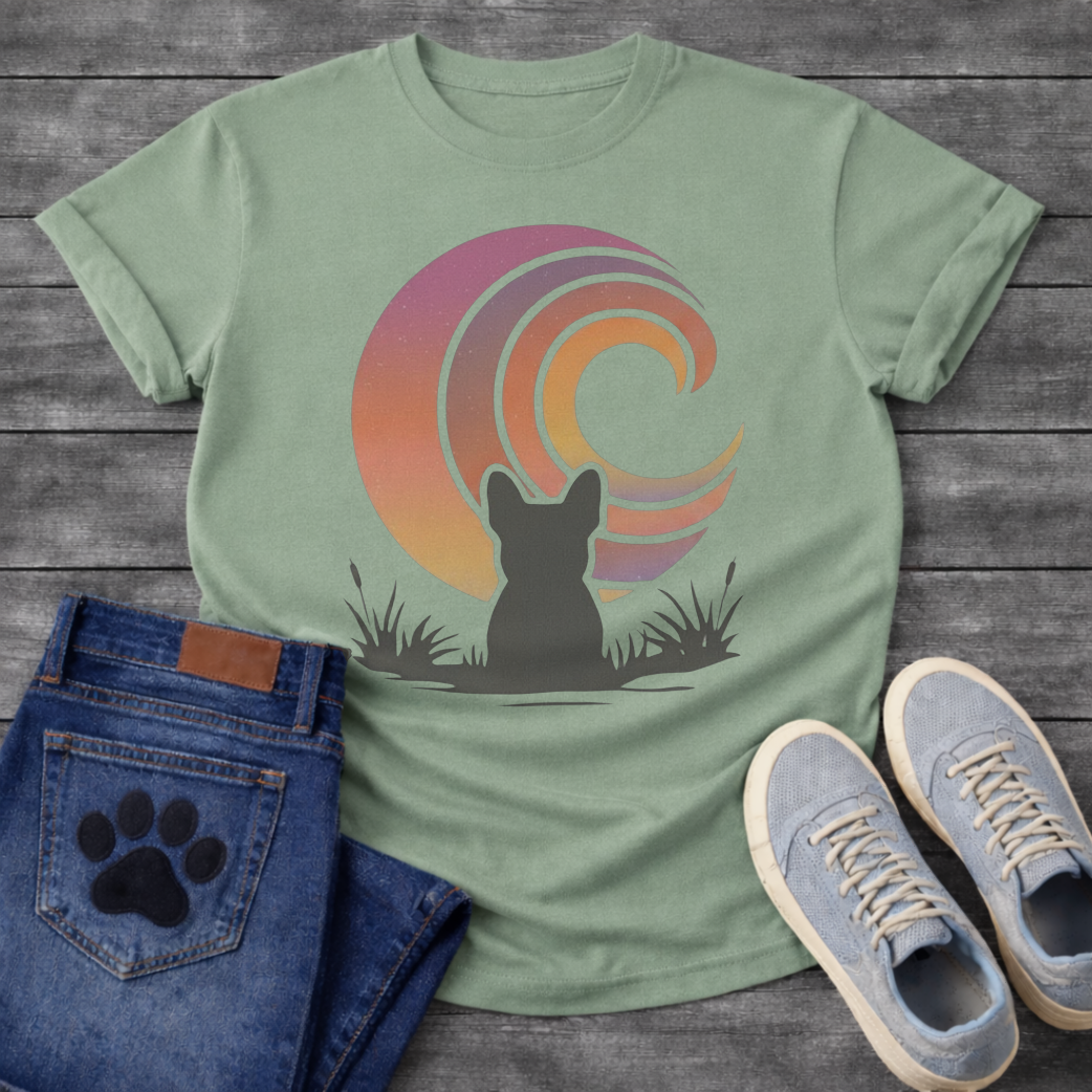French Bulldog t-shirt with Frenchie silhouette seen from behind sitting in grass and reeds, facing a large swirling spiral sunset in pink orange purple and yellow gradient tones, painterly vintage illustration graphic
