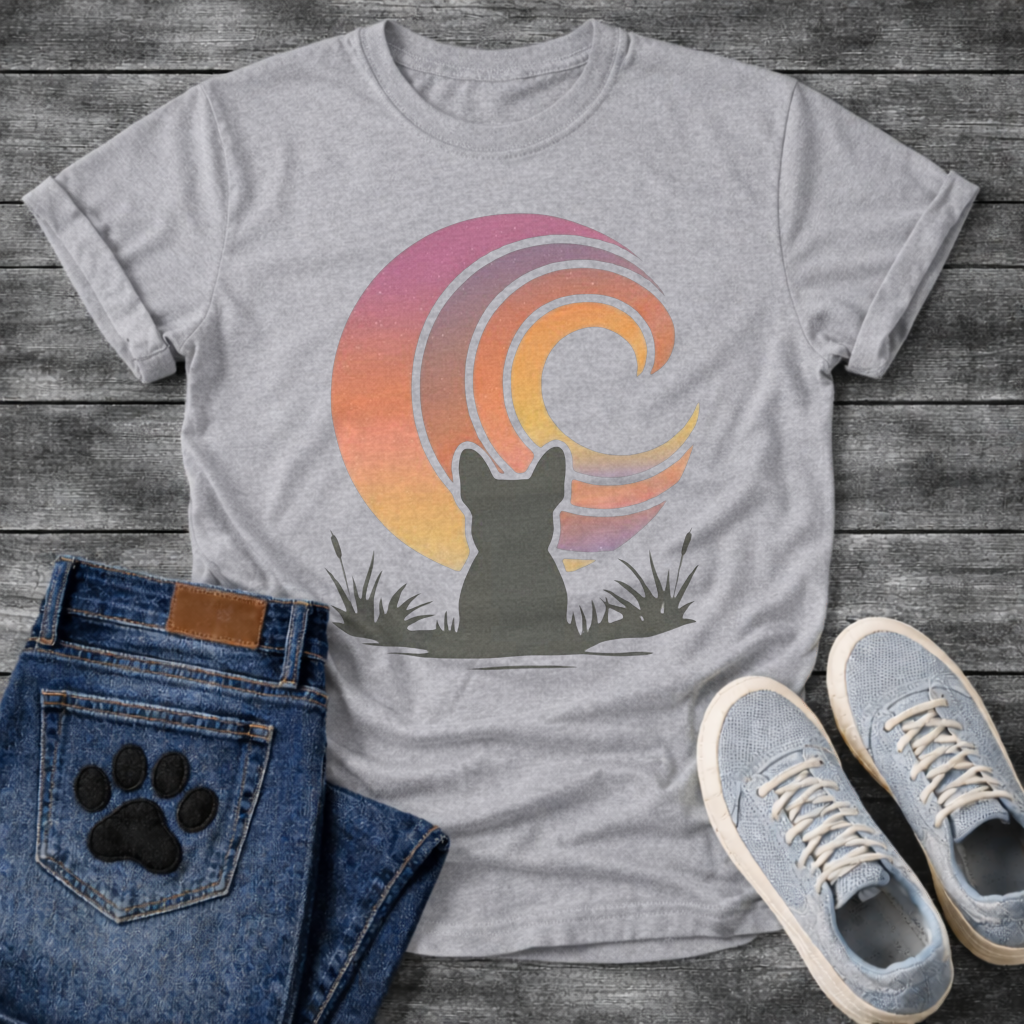 French Bulldog t-shirt with Frenchie silhouette seen from behind sitting in grass and reeds, facing a large swirling spiral sunset in pink orange purple and yellow gradient tones, painterly vintage illustration graphic