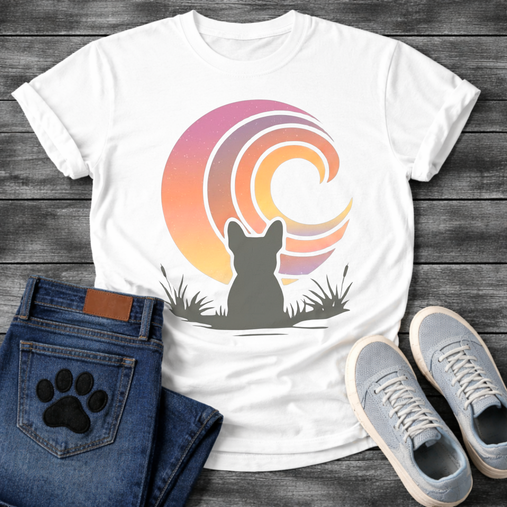 French Bulldog t-shirt with Frenchie silhouette seen from behind sitting in grass and reeds, facing a large swirling spiral sunset in pink orange purple and yellow gradient tones, painterly vintage illustration graphic