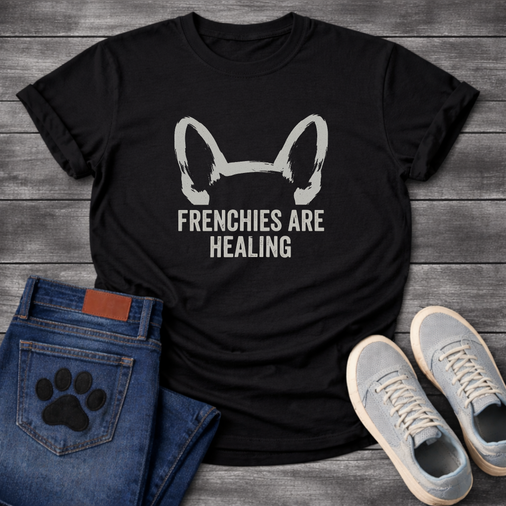 French Bulldog bat ears silhouette with Frenchies Are Healing typography graphic tee
