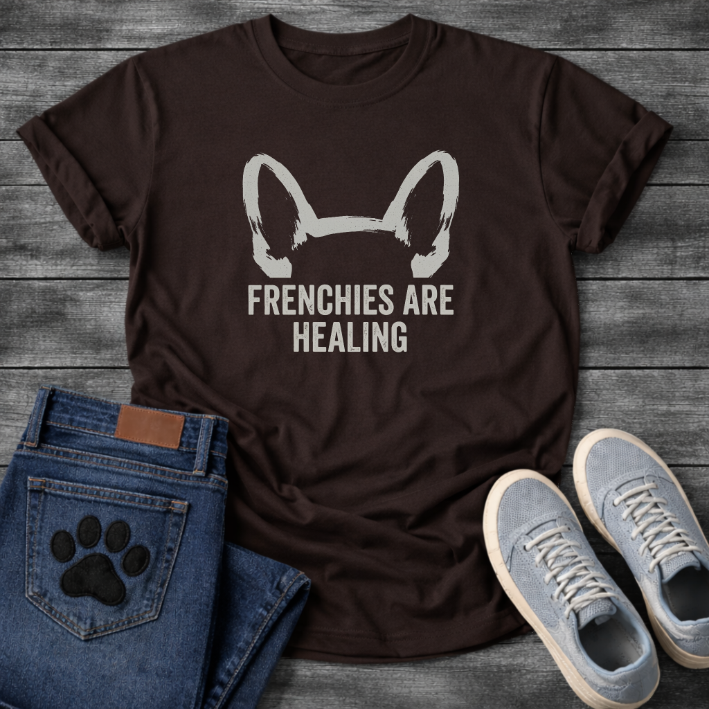 French Bulldog bat ears silhouette with Frenchies Are Healing typography graphic tee
