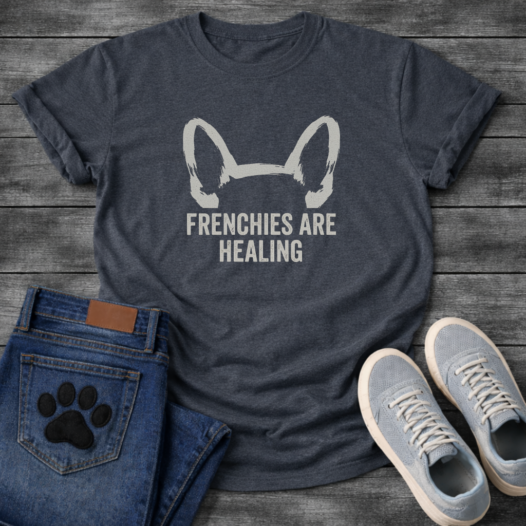 French Bulldog bat ears silhouette with Frenchies Are Healing typography graphic tee
