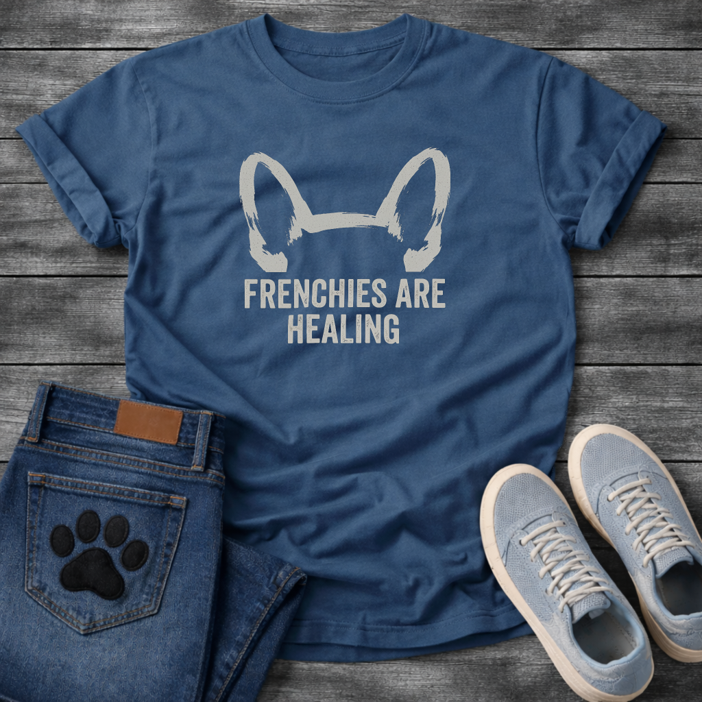 French Bulldog bat ears silhouette with Frenchies Are Healing typography graphic tee
