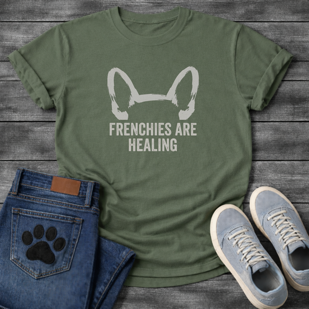 French Bulldog bat ears silhouette with Frenchies Are Healing typography graphic tee
