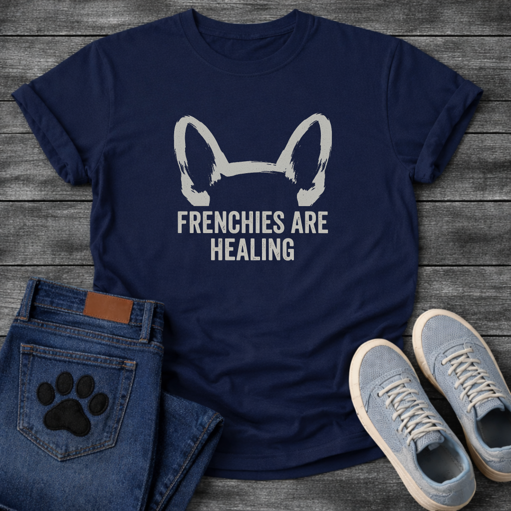 French Bulldog bat ears silhouette with Frenchies Are Healing typography graphic tee
