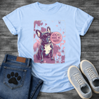 French Bulldog wearing sunglasses with Frenchies Make Me Happy badge graphic on a grunge splash background tee
