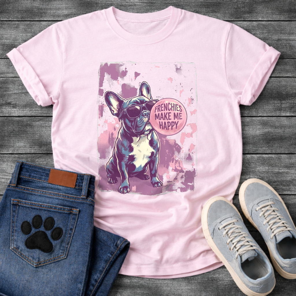 French Bulldog wearing sunglasses with Frenchies Make Me Happy badge graphic on a grunge splash background tee

