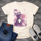 French Bulldog wearing sunglasses with Frenchies Make Me Happy badge graphic on a grunge splash background tee
