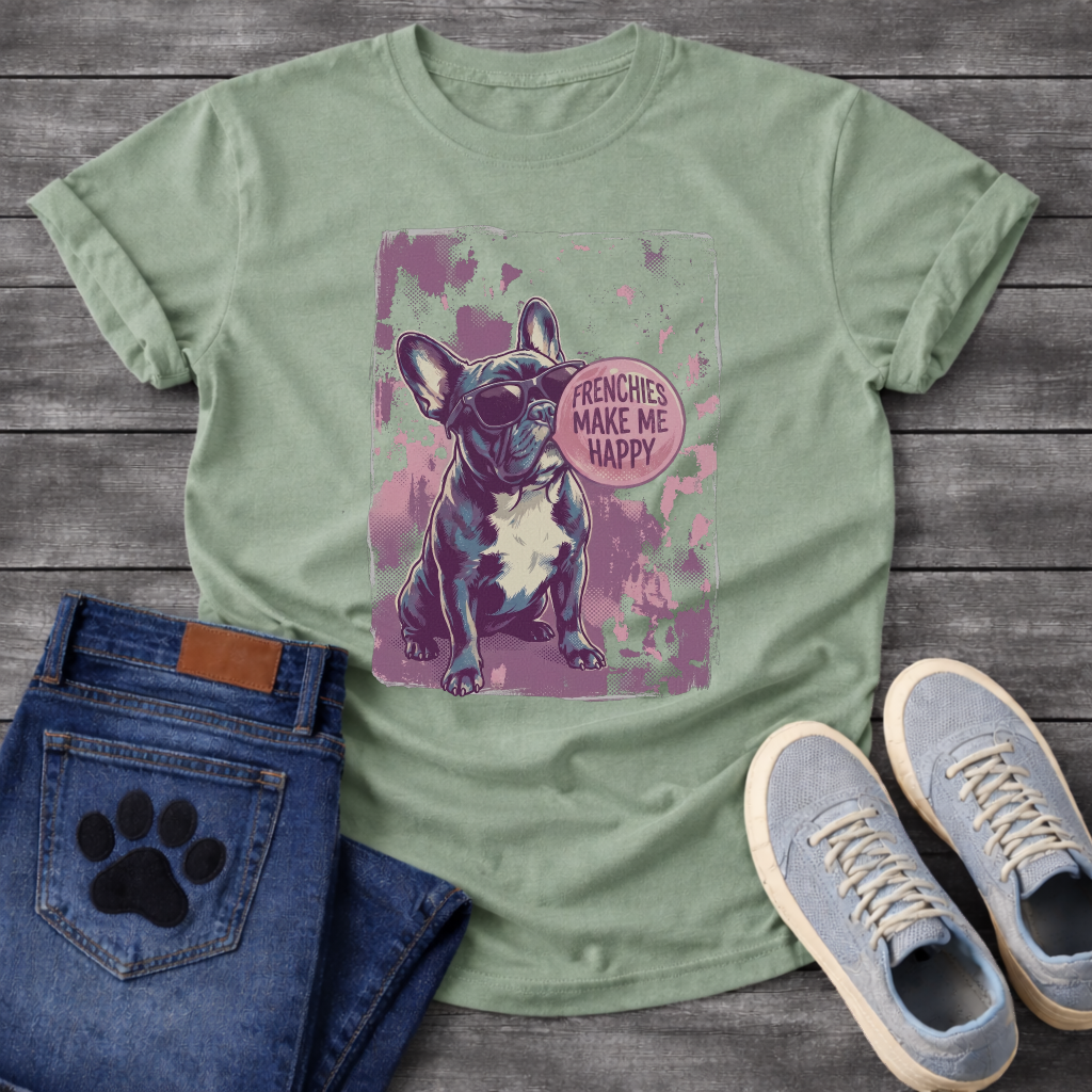French Bulldog wearing sunglasses with Frenchies Make Me Happy badge graphic on a grunge splash background tee
