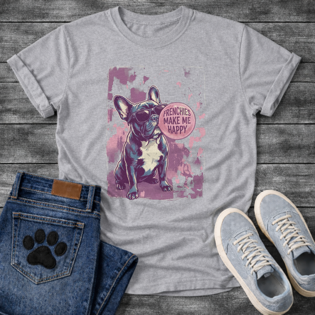 French Bulldog wearing sunglasses with Frenchies Make Me Happy badge graphic on a grunge splash background tee

