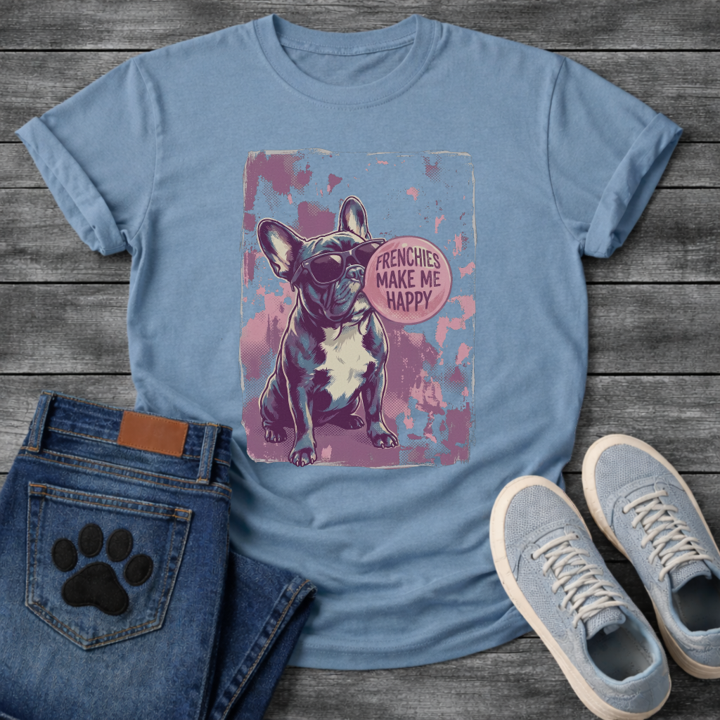 French Bulldog wearing sunglasses with Frenchies Make Me Happy badge graphic on a grunge splash background tee
