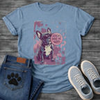 French Bulldog wearing sunglasses with Frenchies Make Me Happy badge graphic on a grunge splash background tee
