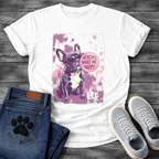 French Bulldog wearing sunglasses with Frenchies Make Me Happy badge graphic on a grunge splash background tee
