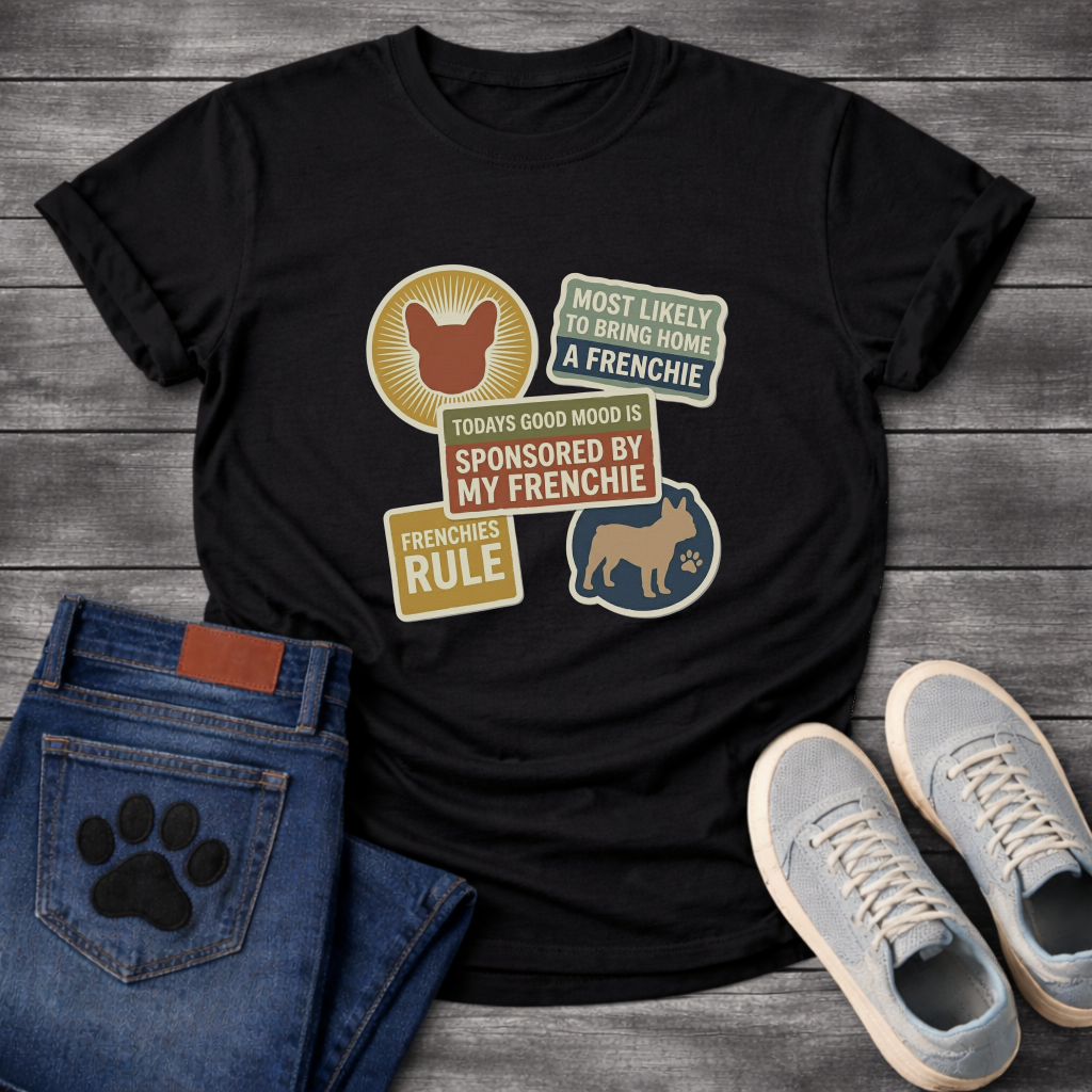 Frenchie multi-badge retro sticker collage t-shirt funny French Bulldog pet lover apparel