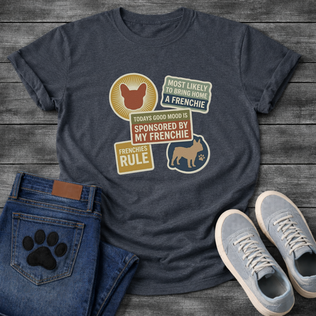 Frenchie multi-badge retro sticker collage t-shirt funny French Bulldog pet lover apparel