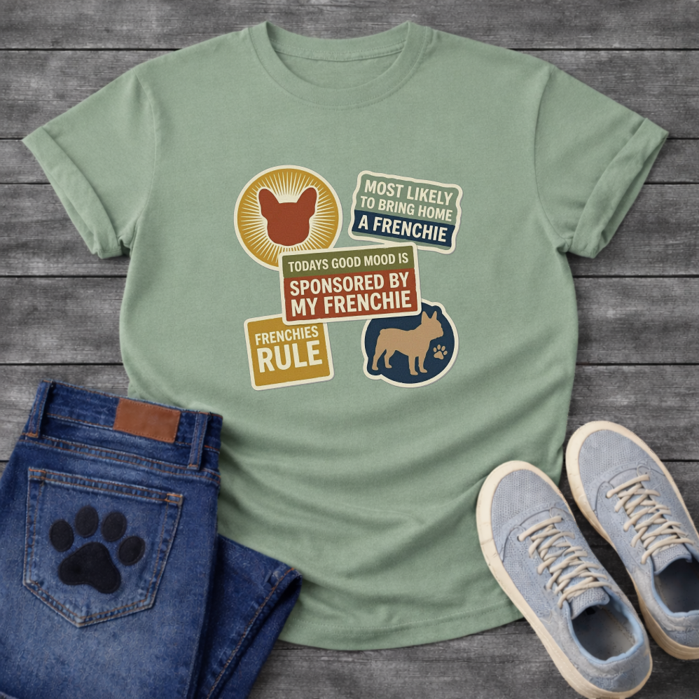 Frenchie multi-badge retro sticker collage t-shirt funny French Bulldog pet lover apparel