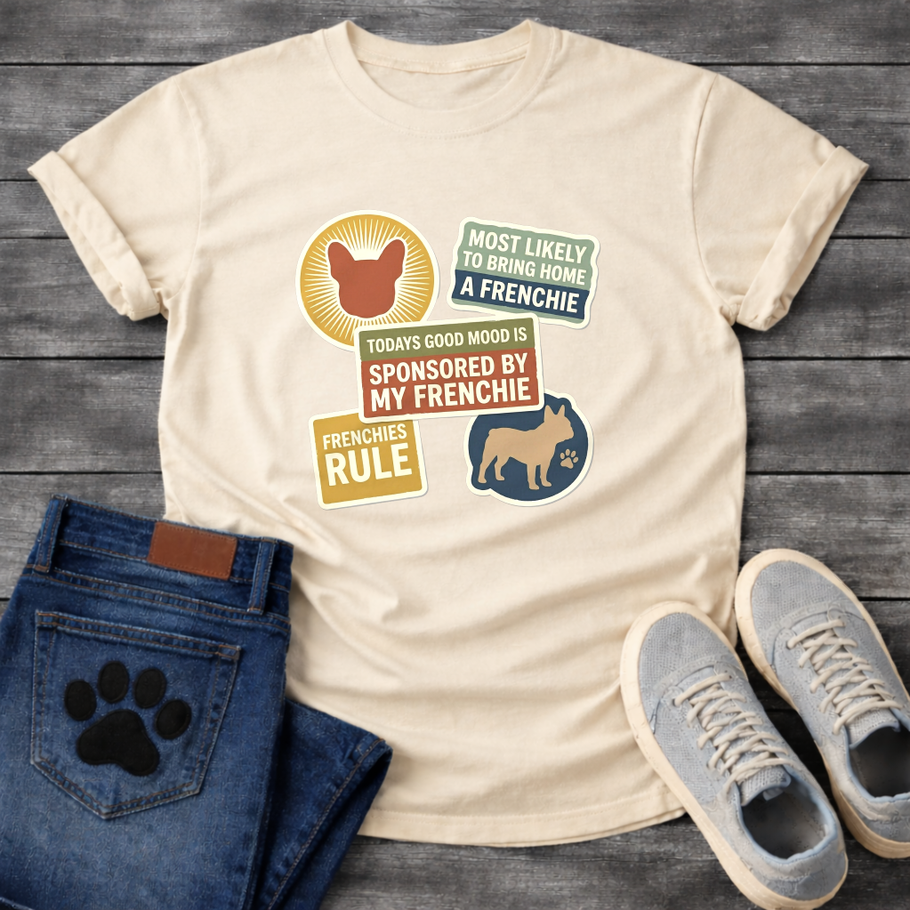 Frenchie multi-badge retro sticker collage t-shirt funny French Bulldog pet lover apparel