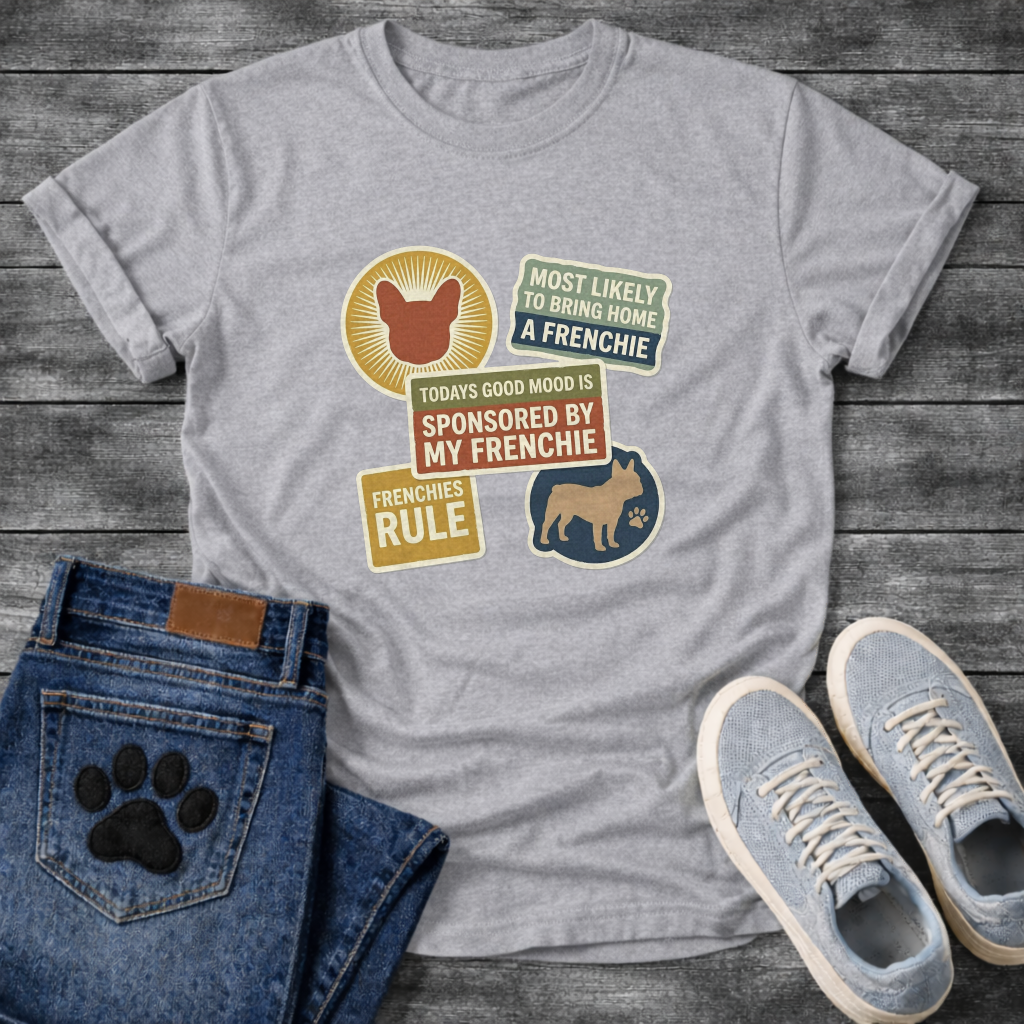 Frenchie multi-badge retro sticker collage t-shirt funny French Bulldog pet lover apparel