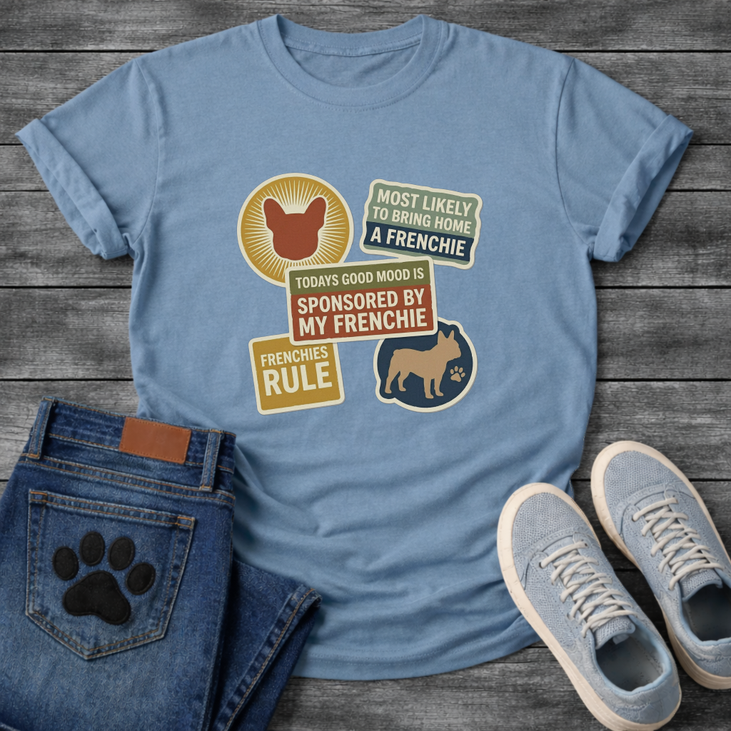 Frenchie multi-badge retro sticker collage t-shirt funny French Bulldog pet lover apparel