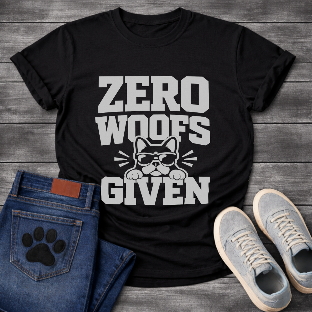 Funny dog shirts featuring Zero Woofs Given text with paw prints