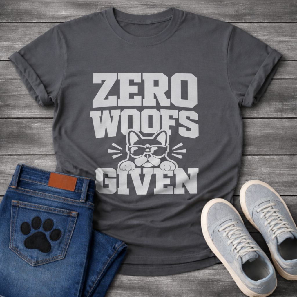 Funny dog shirts featuring Zero Woofs Given text with paw prints