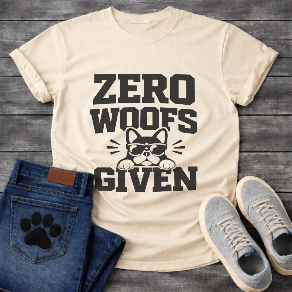 Funny dog shirts featuring Zero Woofs Given text with paw prints