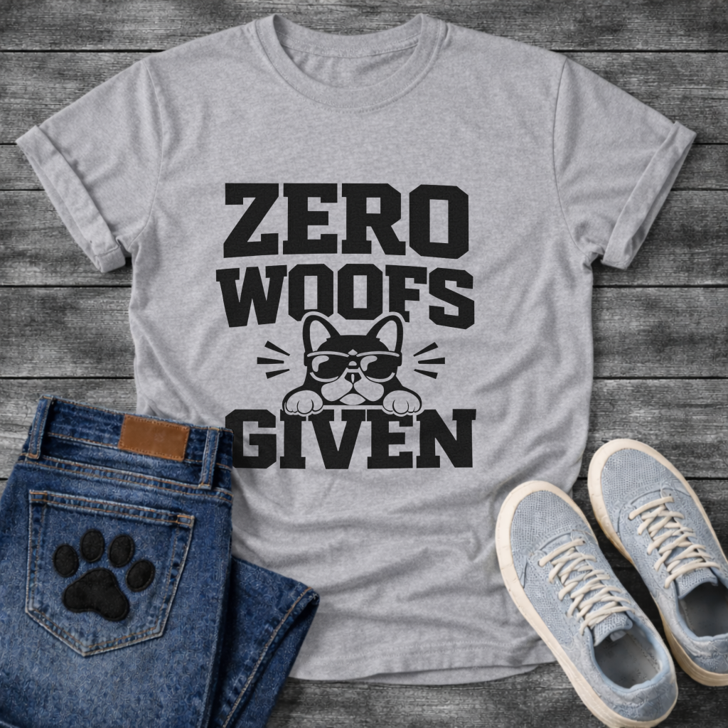 Funny dog shirts featuring Zero Woofs Given text with paw prints