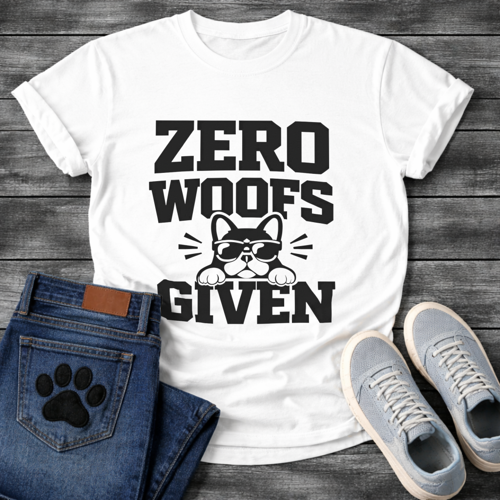 Funny dog shirts featuring Zero Woofs Given text with paw prints