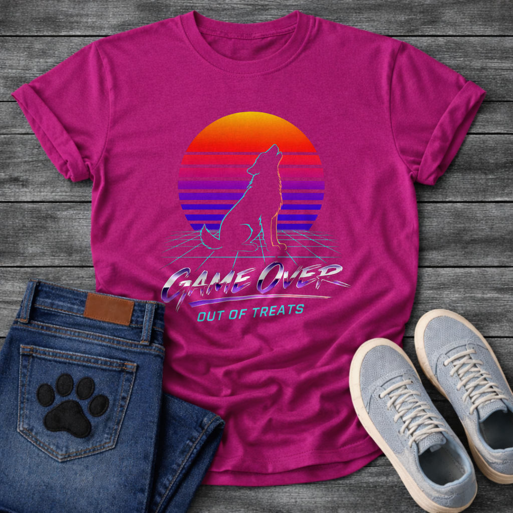Game Over Out of Treats retro sunset funny dog shirt