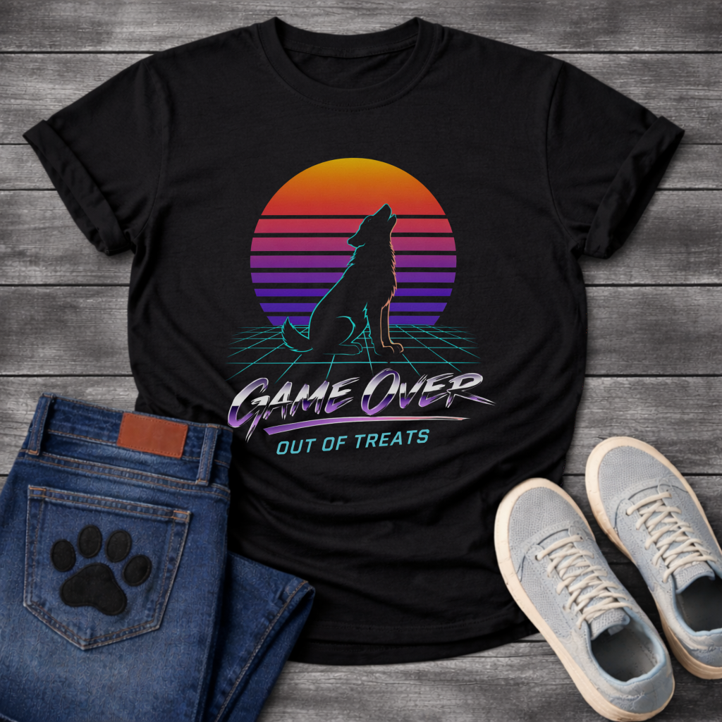 Game Over Out of Treats retro sunset funny dog shirt