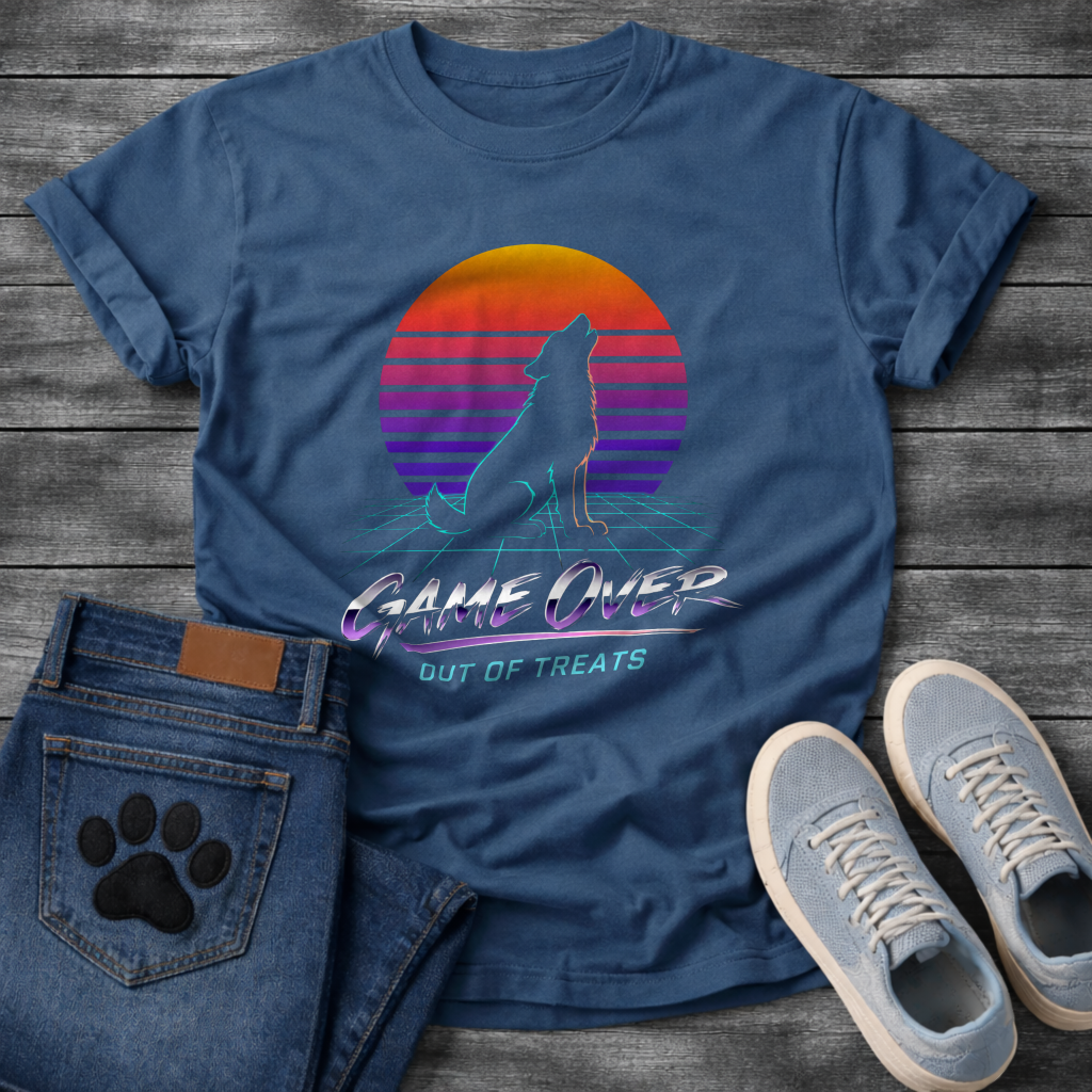 Game Over Out of Treats retro sunset funny dog shirt