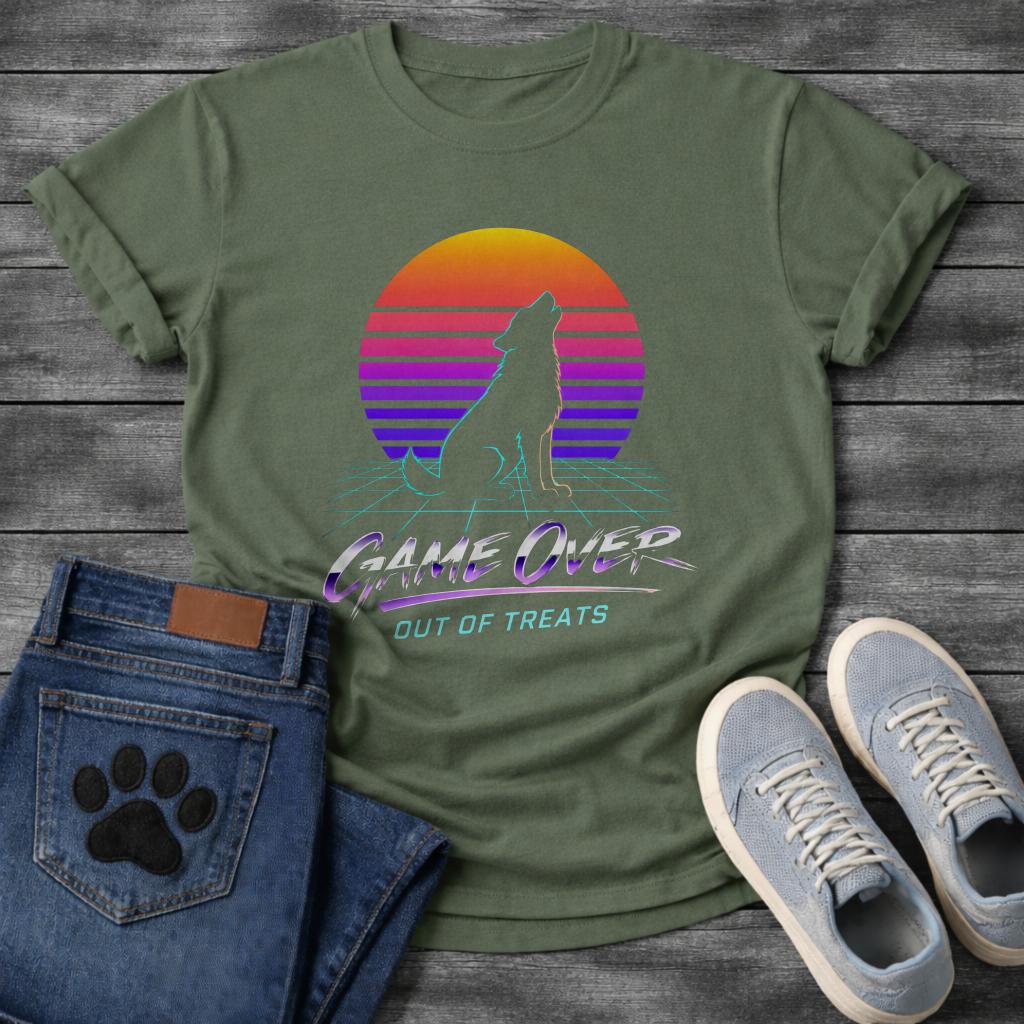 Game Over Out of Treats retro sunset funny dog shirt