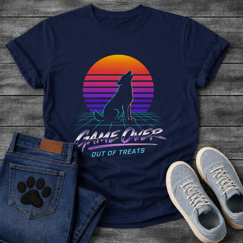 Game Over Out of Treats retro sunset funny dog shirt