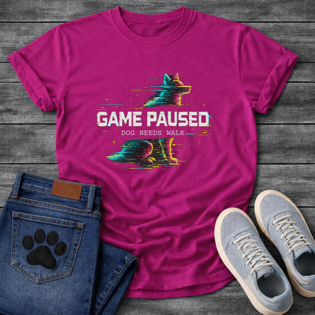 Game Paused Dog Needs Walk retro glitch gaming funny dog shirt