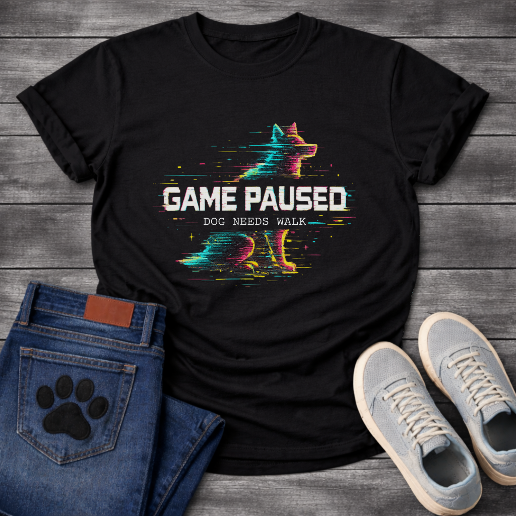 Game Paused Dog Needs Walk retro glitch gaming funny dog shirt