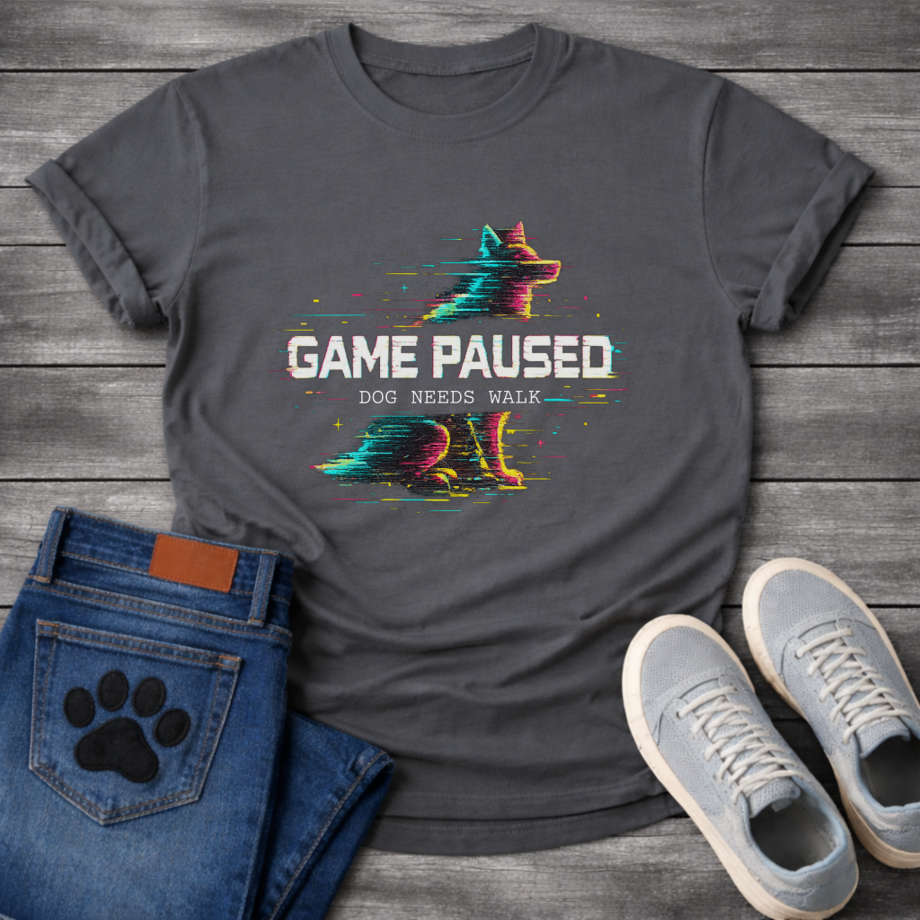 Game Paused Dog Needs Walk retro glitch gaming funny dog shirt