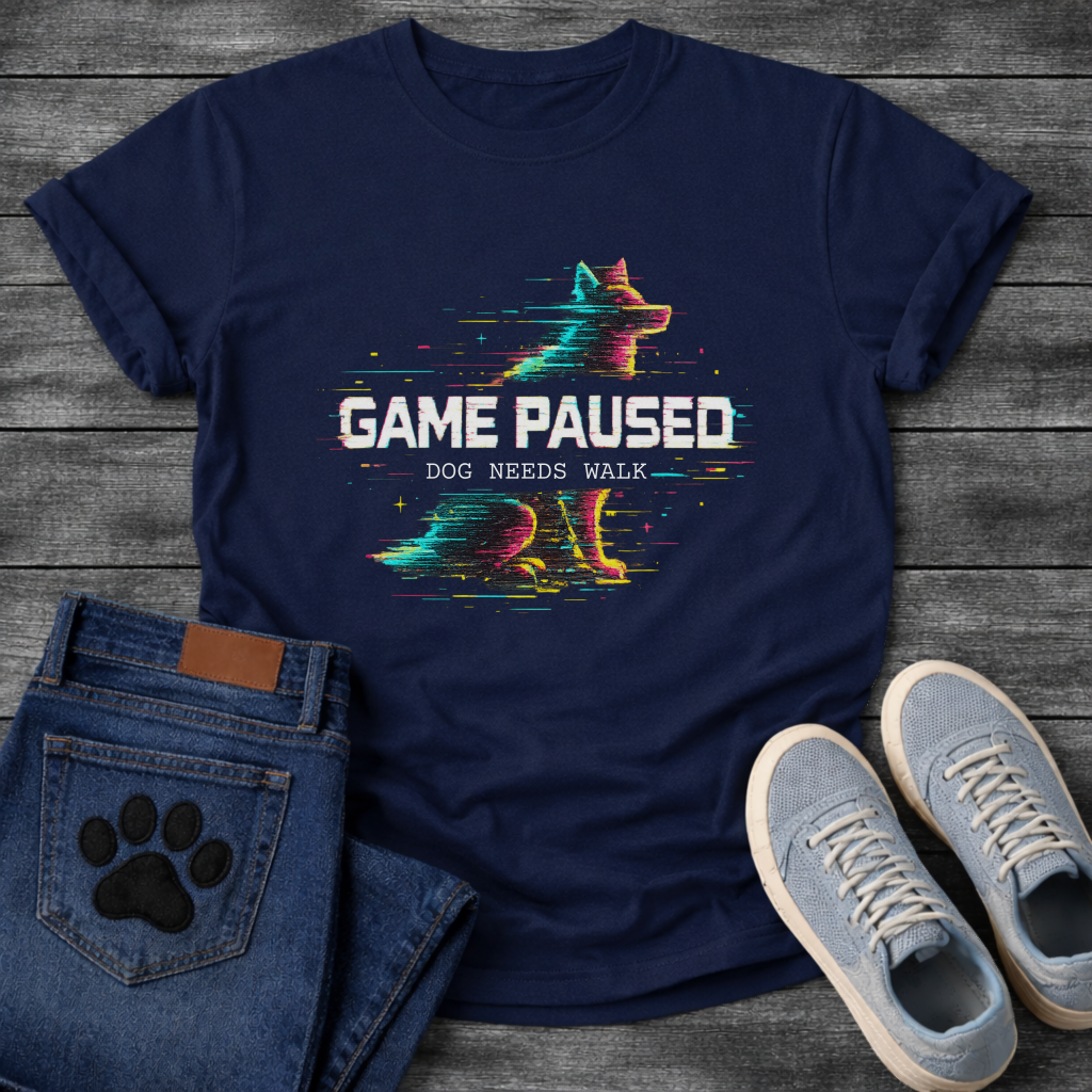 Game Paused Dog Needs Walk retro glitch gaming funny dog shirt