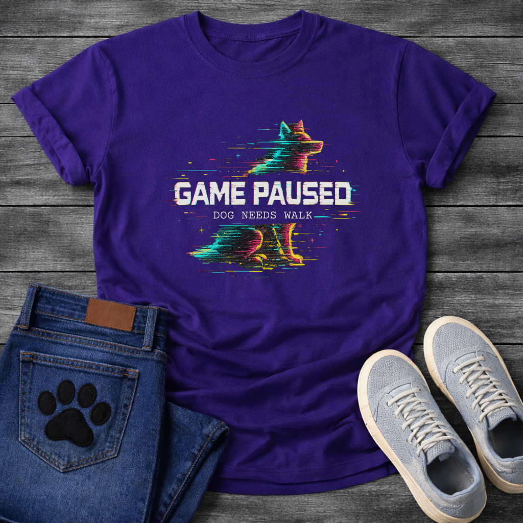 Game Paused Dog Needs Walk retro glitch gaming funny dog shirt