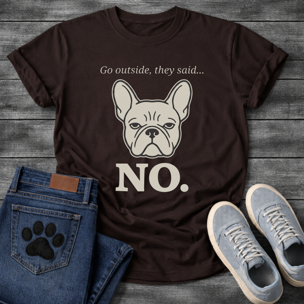 French Bulldog retro badge face graphic tee with Go Outside They Said No typography design
