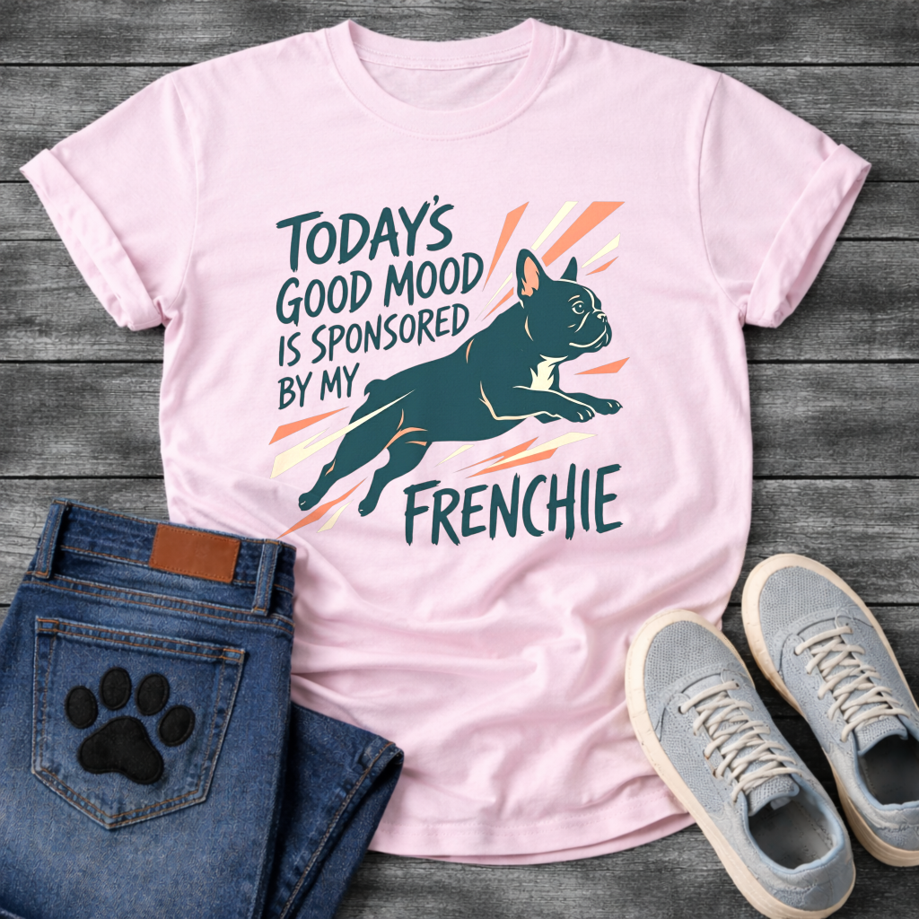 Today's Good Mood Sponsored By My Frenchie leaping graphic t-shirt funny French Bulldog shirt