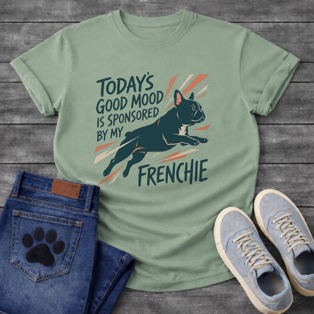 Today's Good Mood Sponsored By My Frenchie leaping graphic t-shirt funny French Bulldog shirt