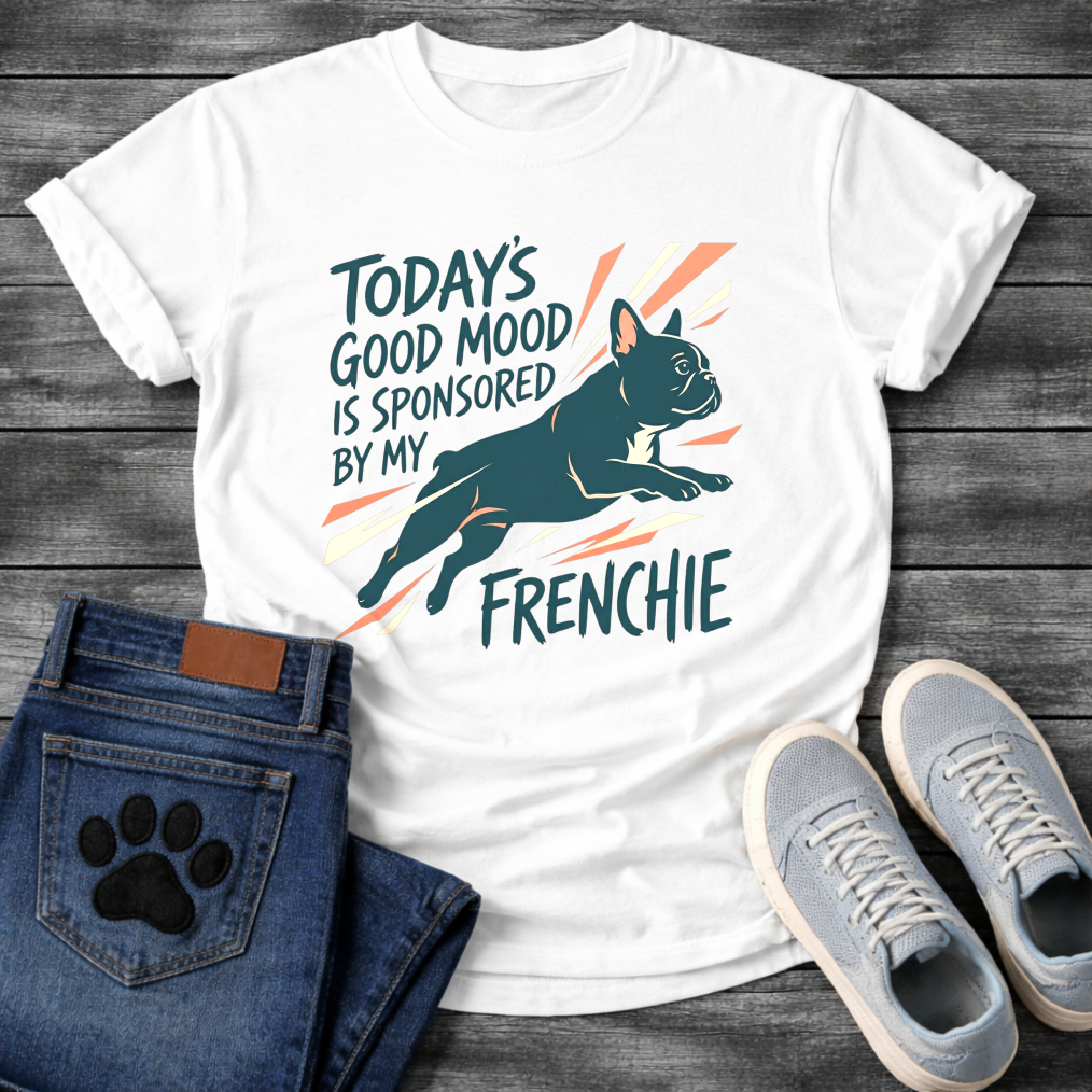 Today's Good Mood Sponsored By My Frenchie leaping graphic t-shirt funny French Bulldog shirt