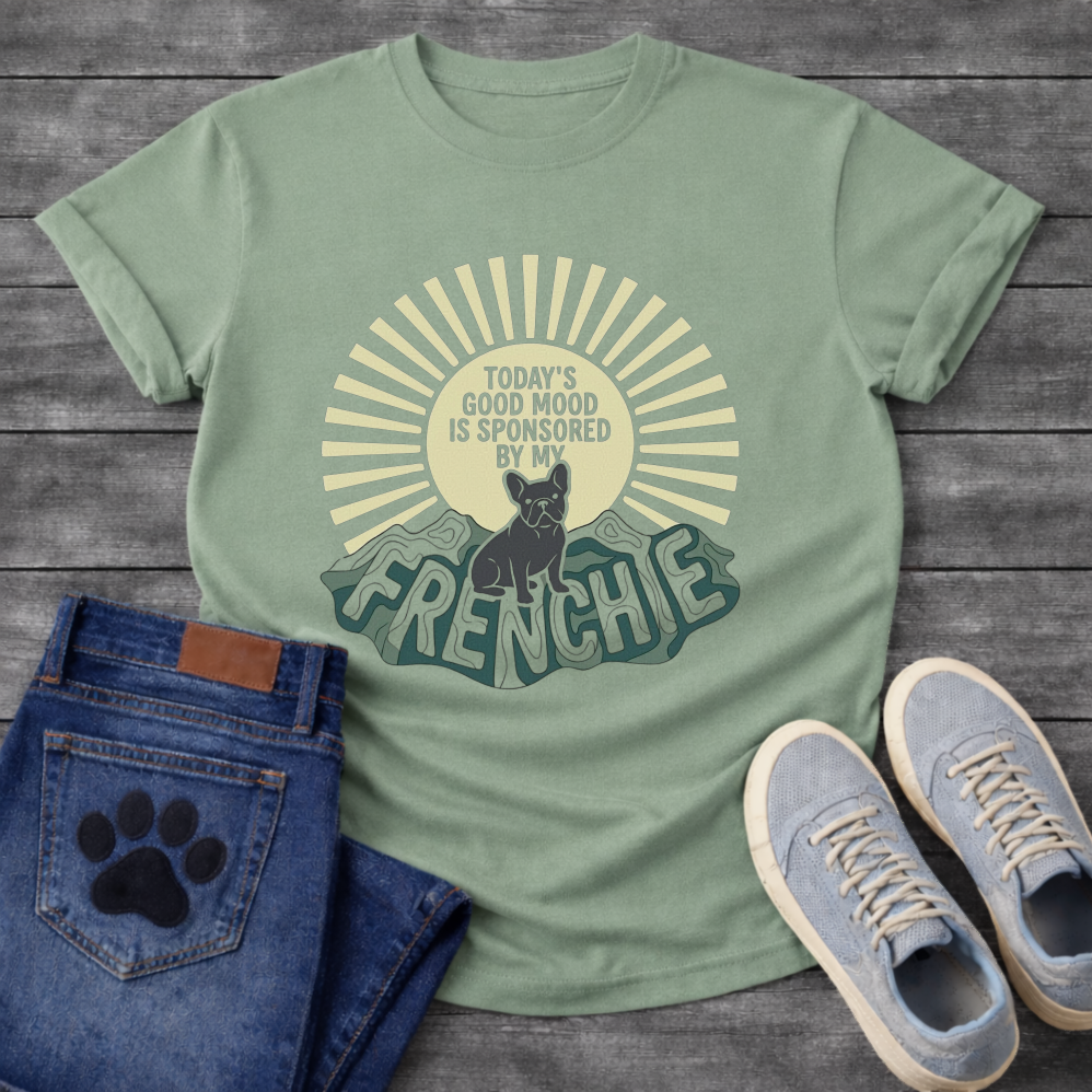 Today's Good Mood Sponsored By My Frenchie groovy retro sun contour lettering funny French Bulldog shirt
